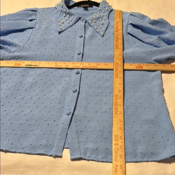 By Blue Embellished Blouse with Romantic Puff Pleated Sleeves & notched collar - Picture 5 of 8